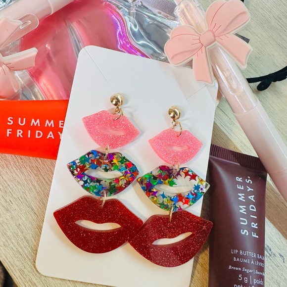 Sandy & Rizzo Jewelry - Kisses Lip-Shaped Earrings 😘 pink bow pens & summer Friday lip gloss bundle
